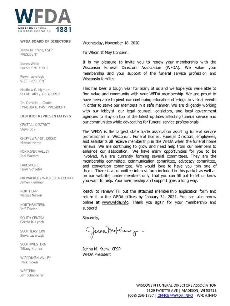 Fillable Online Wisconsin Funeral Directors Association Elects New Board Fax Email Print