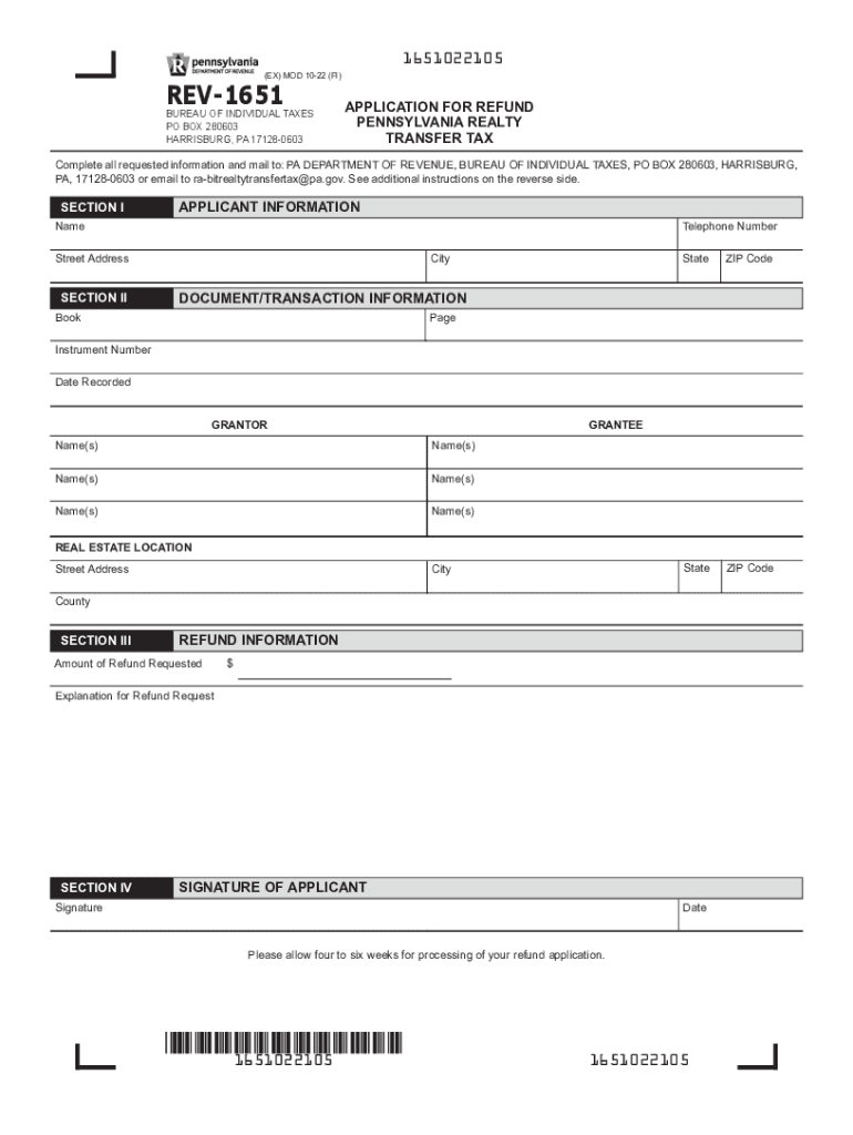 Application for Refund Pennsylvania Realty Transfer Tax (REV-1651) Application for Refund Pennsylvan Preview on Page 1