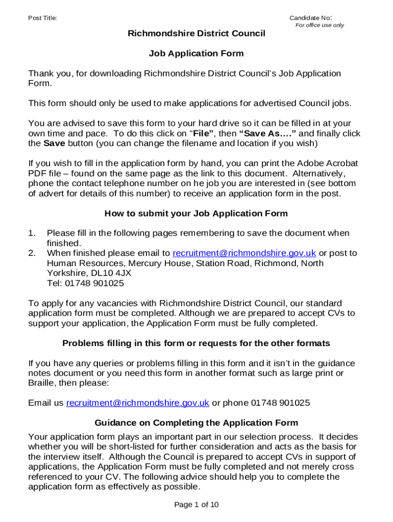 Richmondshire District Council Job Application Doc Template pdfFiller