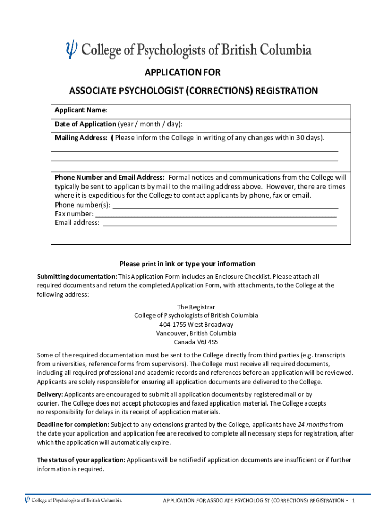 Fillable Online collegeofpsychologists bc CPBC Associate Psychologist