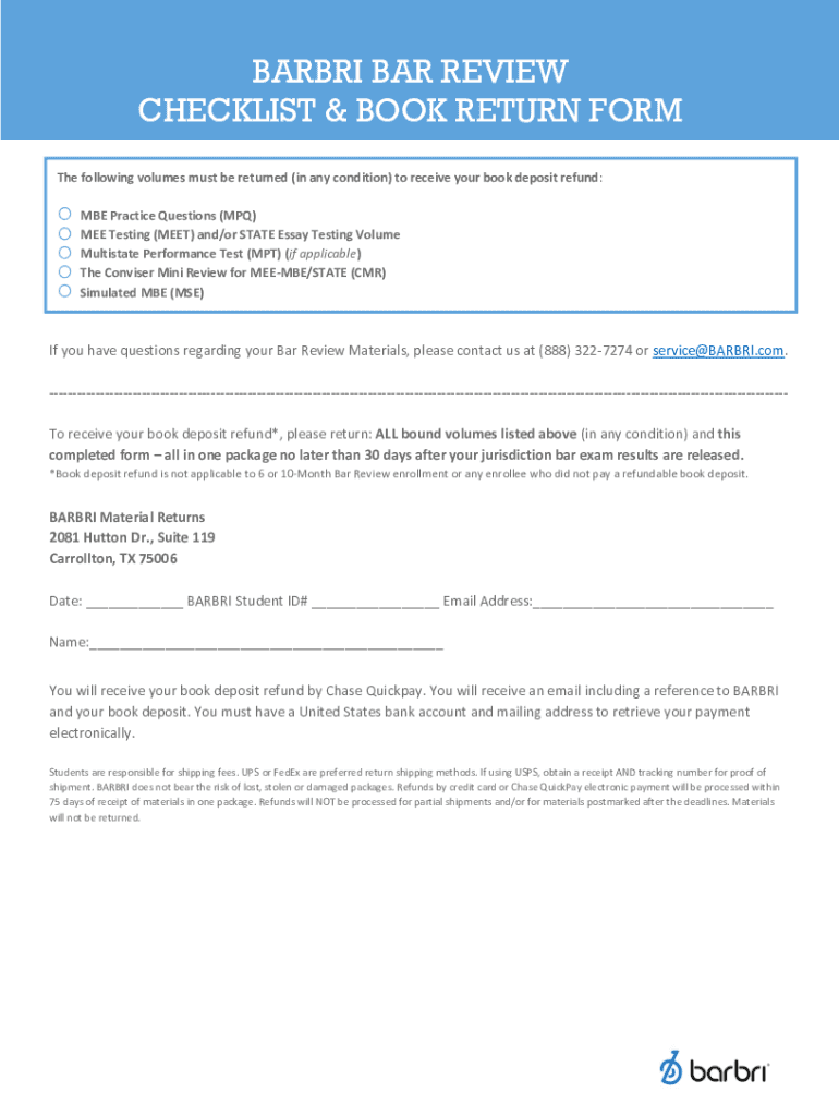 Fillable Online BARBRI BAR REVIEW CHECKLIST & BOOK RETURN FORM Fax
