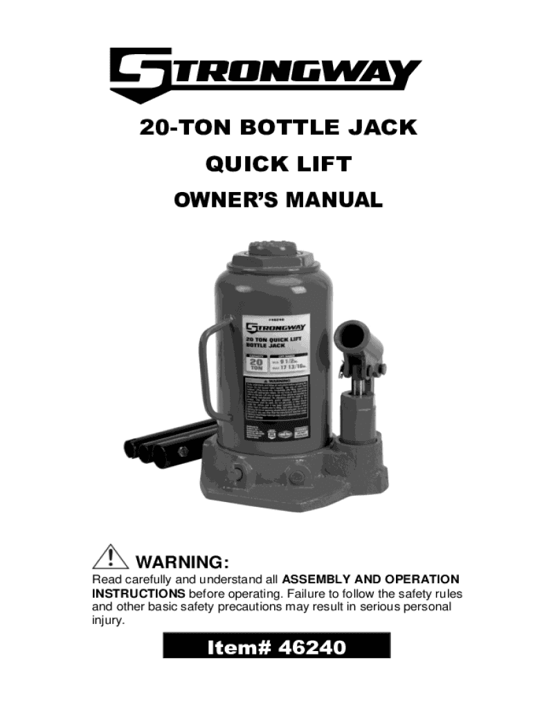 Fillable Online 20 TON HEAVY DUTY BOTTLE JACK Harbor Freight Tools