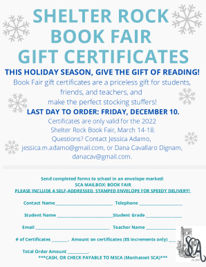 Fillable Online SHELTER ROCK BOOK FAIR GIFT CERTIFICATES Fax Email ...