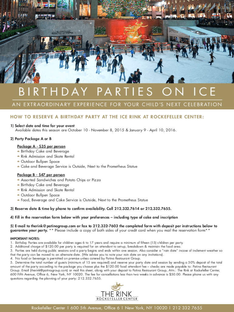Fillable Online Ice Rink birthday parties on ice fact sheet Fax Email