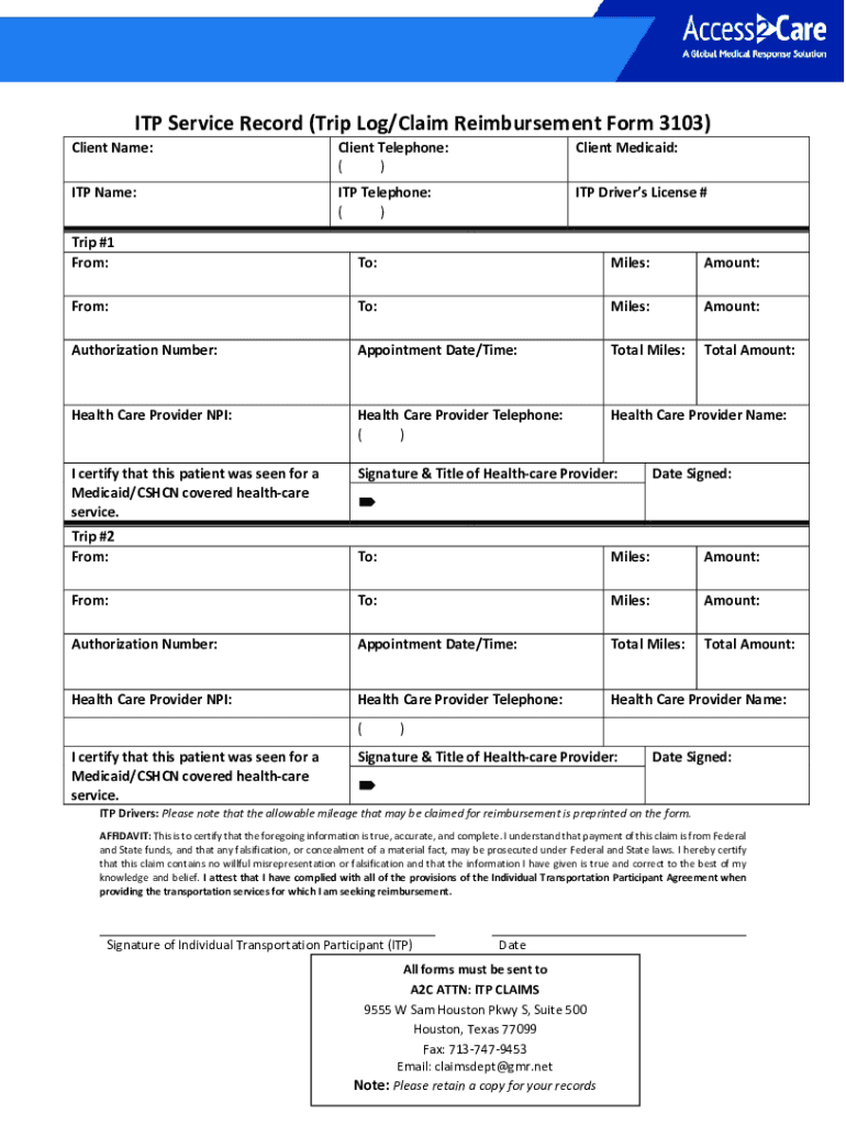 Fillable Online ITP Service Record (Trip Log/Claim Reimbursement Form
