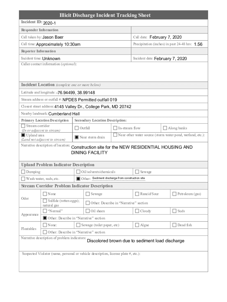 Fillable Online Illicit Discharge Hotline Incident Tracking Sheet Fax Email Print pdfFiller