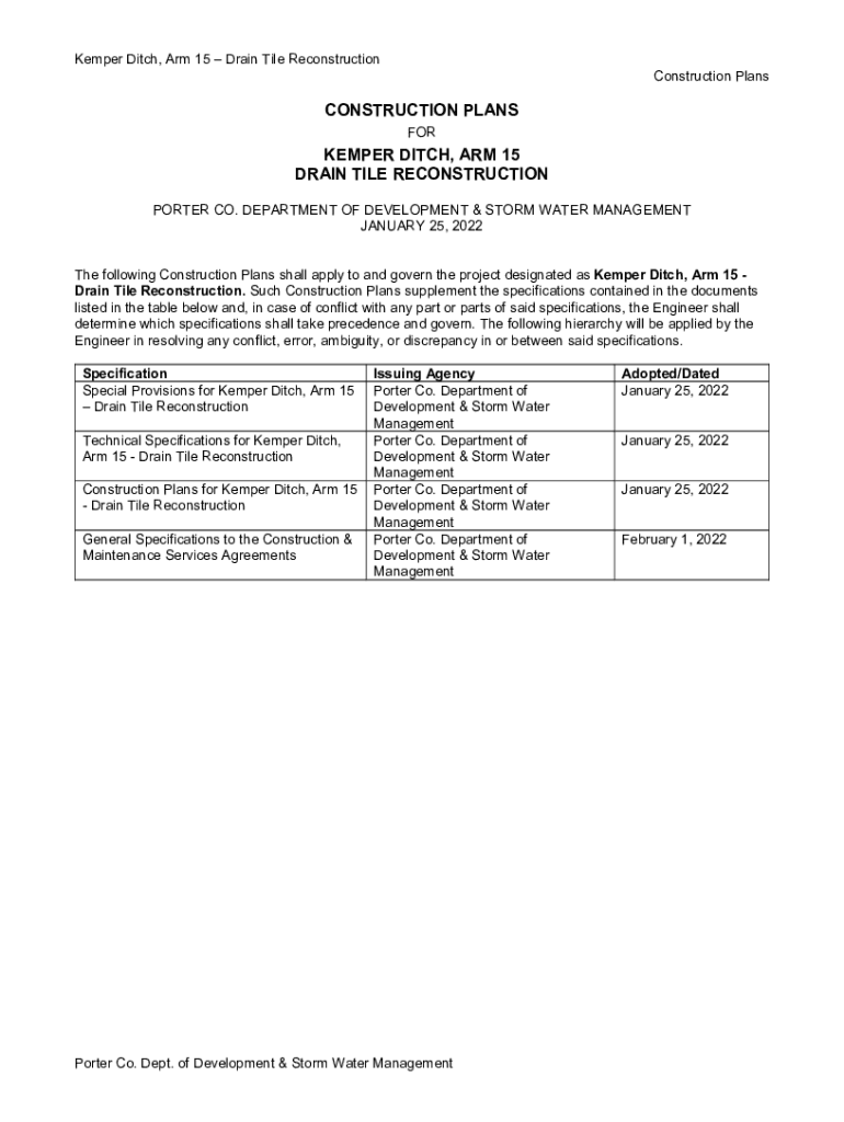 Fillable Online Kemper Ditch, Arm 15 - Porter County Storm Water, IN ...
