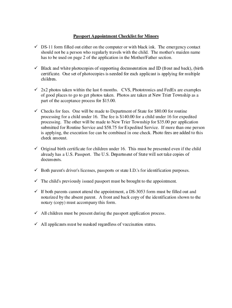 Fillable Online Passport Appointment Checklist for Minors DS11 form