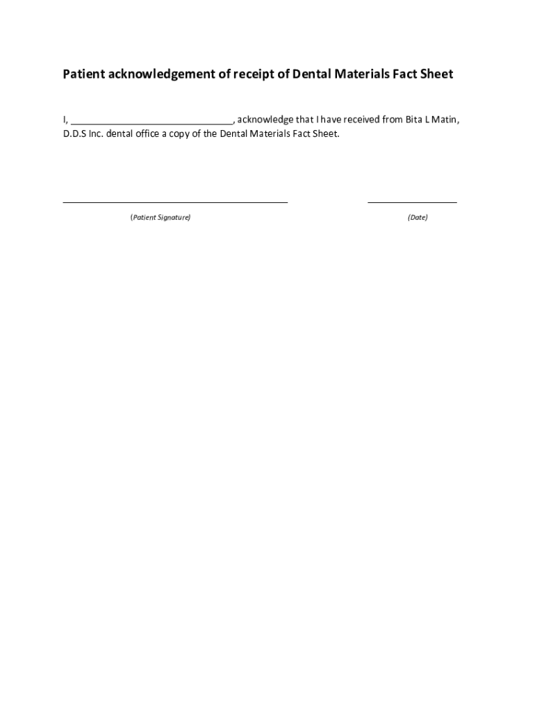 Fillable Online Patient acknowledgement of receipt of Dental Materials