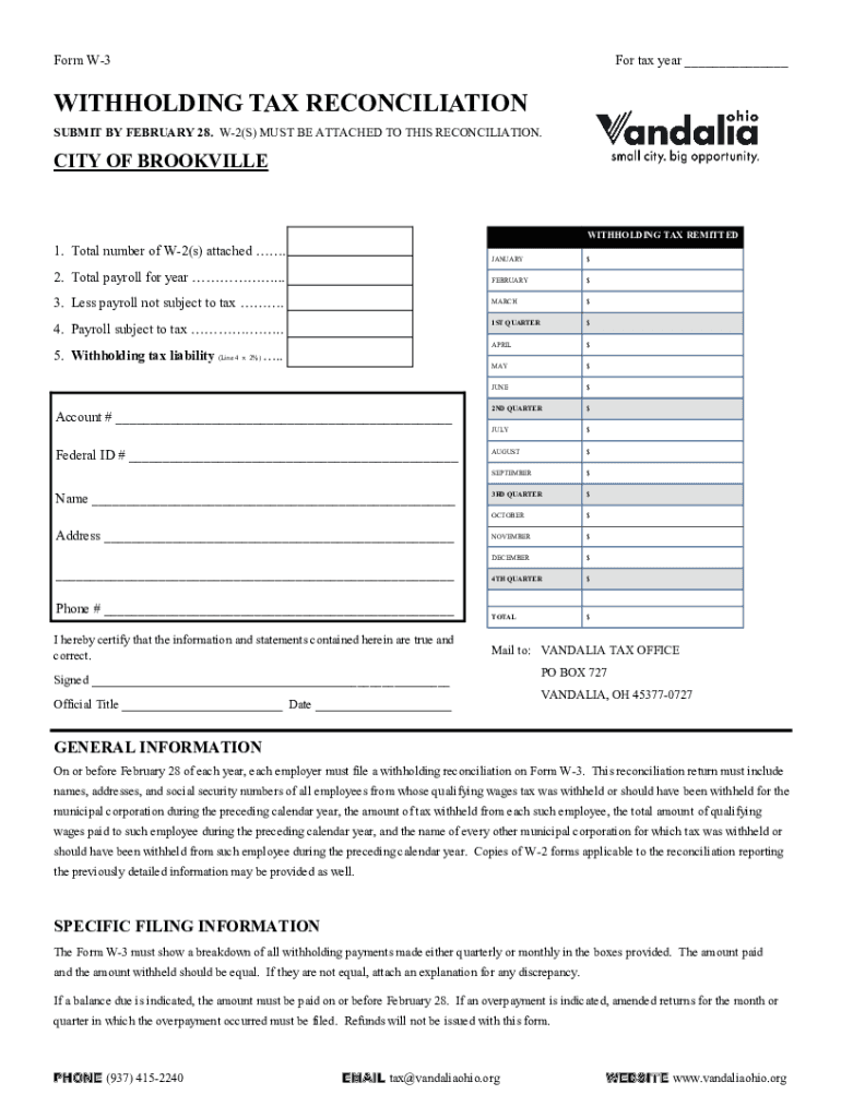 Fillable Online WITHHOLDING TAX RECONCILIATION Vandalia, OH Fax Email