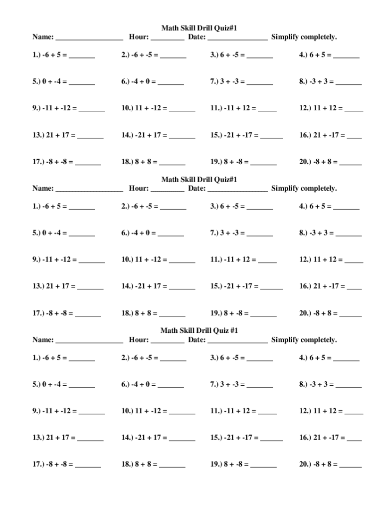Fillable Online Math Drills Quiz Practice Your Basic Math Skills Fax
