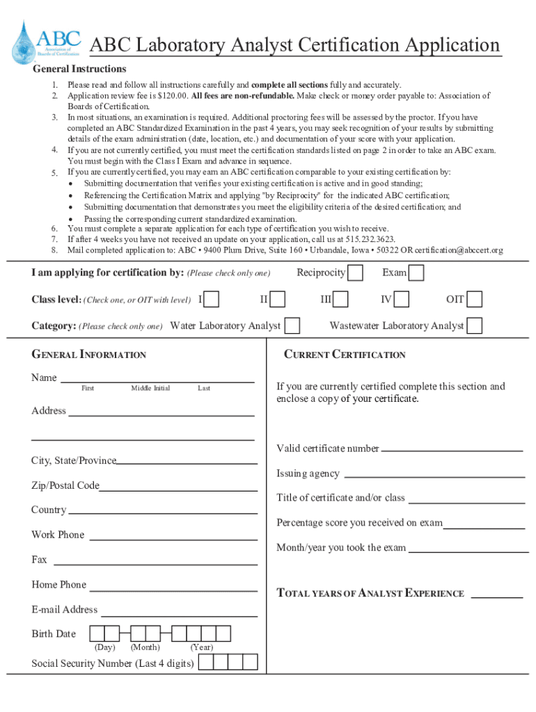 Fillable Online ABC Laboratory Analyst Certification Application Fax