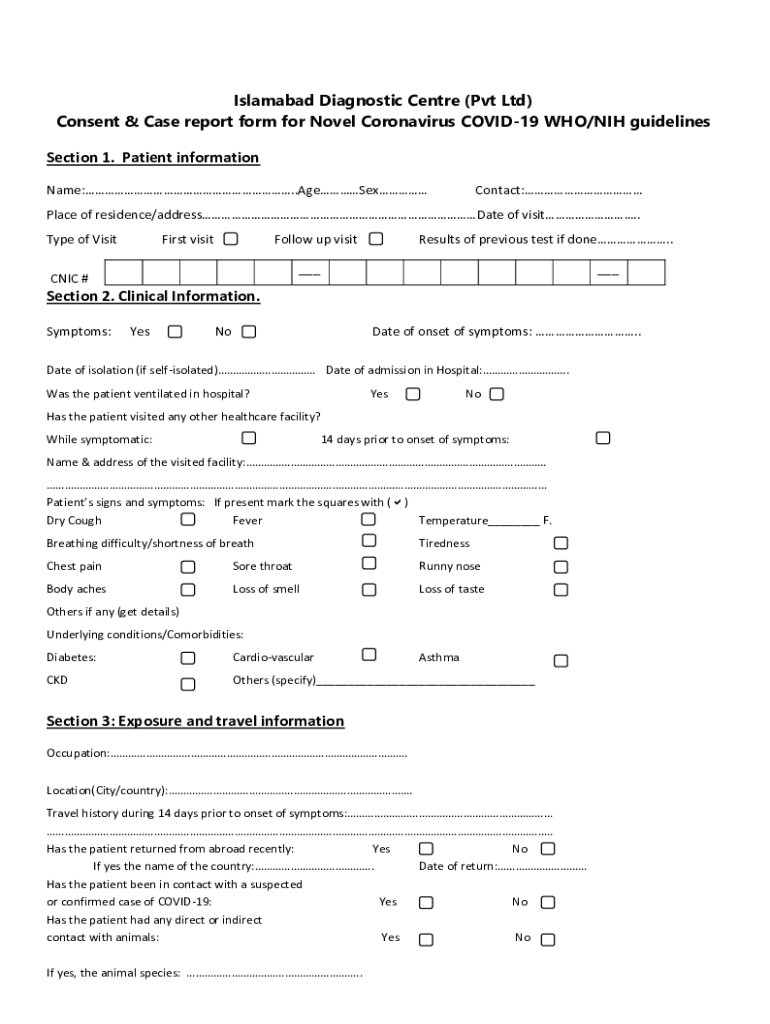 Fillable Online Consent & Case report form for Novel Coronavirus COVID