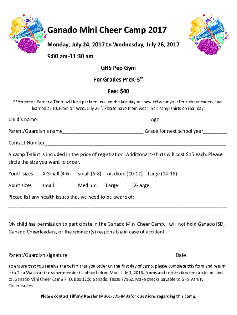 Fillable Online Ganado ISD The minicheer camp performances will