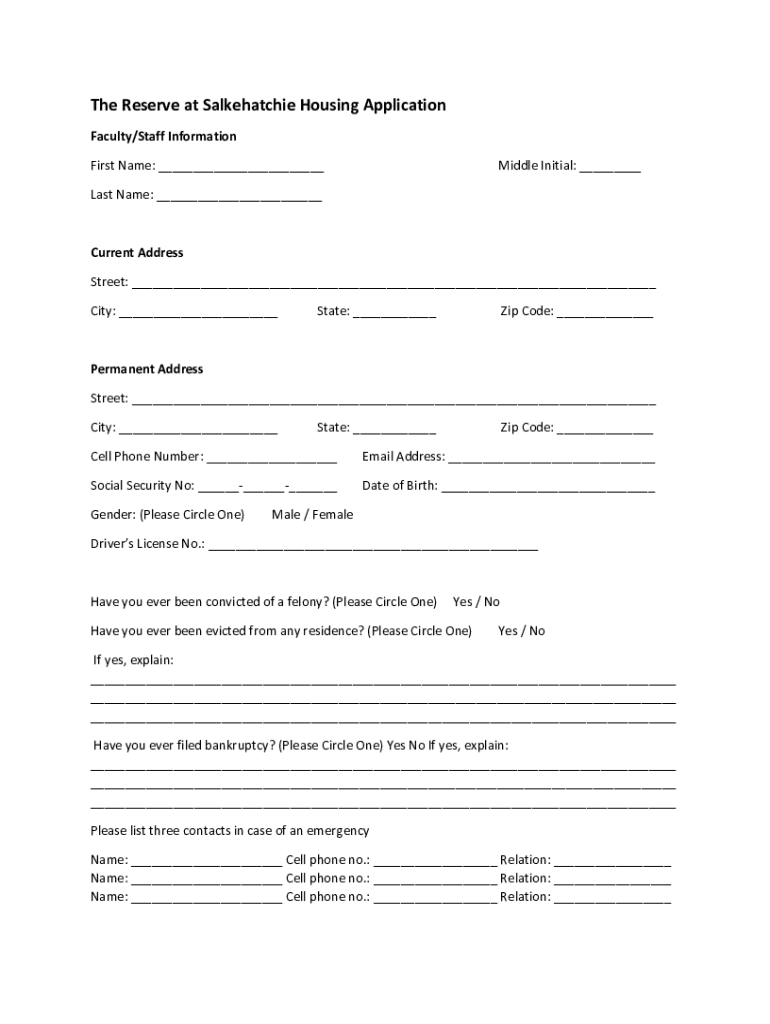 Fillable Online The Reserve at Salkehatchie Housing Application AWS