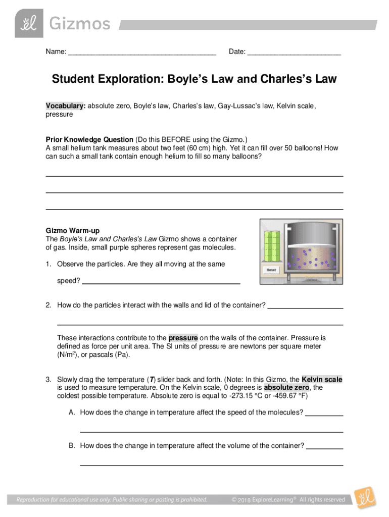 Boyle’s Law and Charles’s Law Student Exploration - Blank Fillable ...