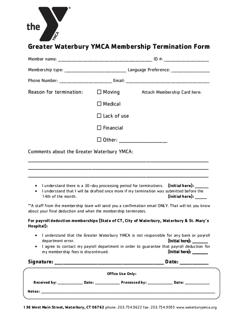 Fillable Online Greater Waterbury YMCA Membership Termination Form Fax ...