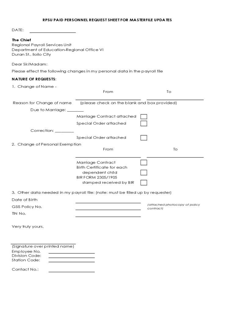 Fillable Online rpsu paid personnel request sheet for masterfile ...