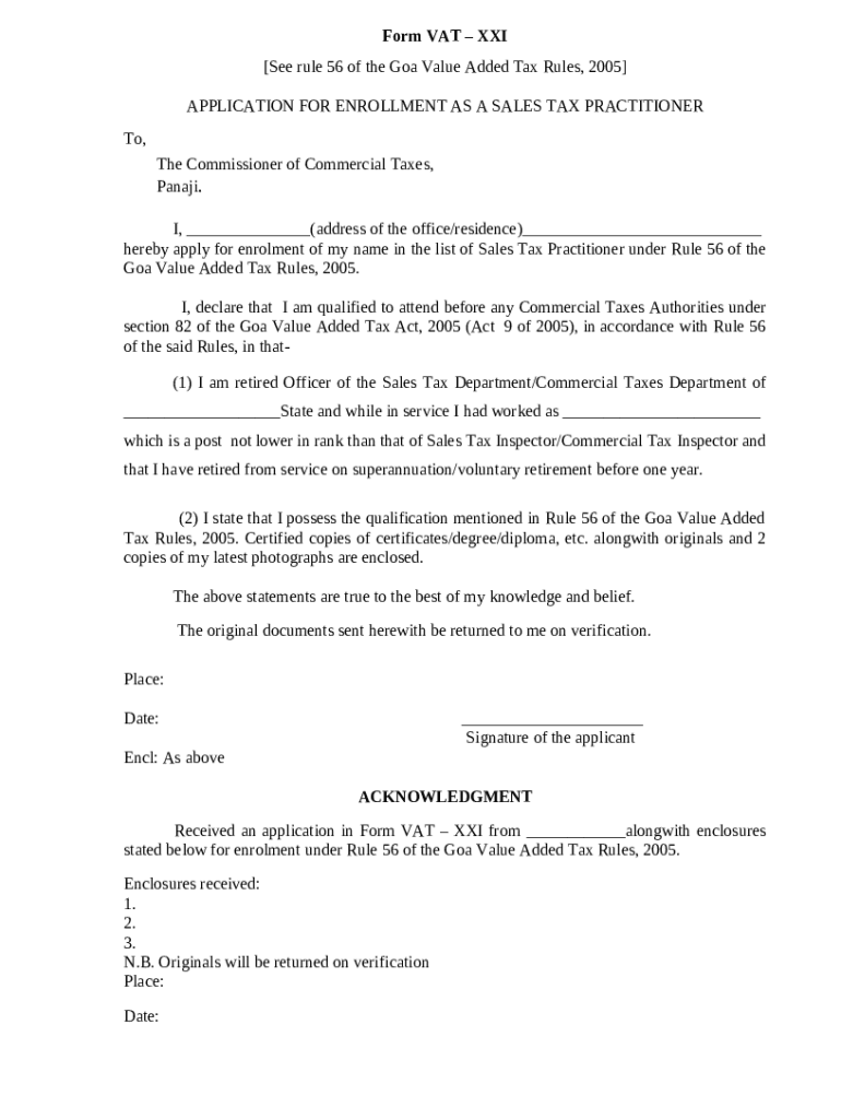 VAT XXII Certificate of Enrollment Sales tax India Doc Template