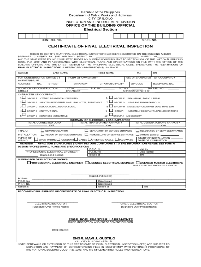 Certificate of Final Electrical Inspection 0 Scribd iloilocity