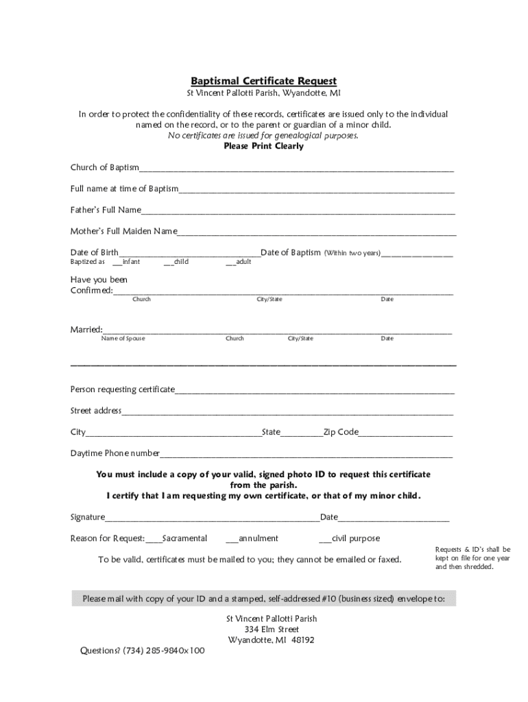 Fillable Online Baptismal Certificate Request Wyandotte St. Vincent Pallotti Fax Email Print