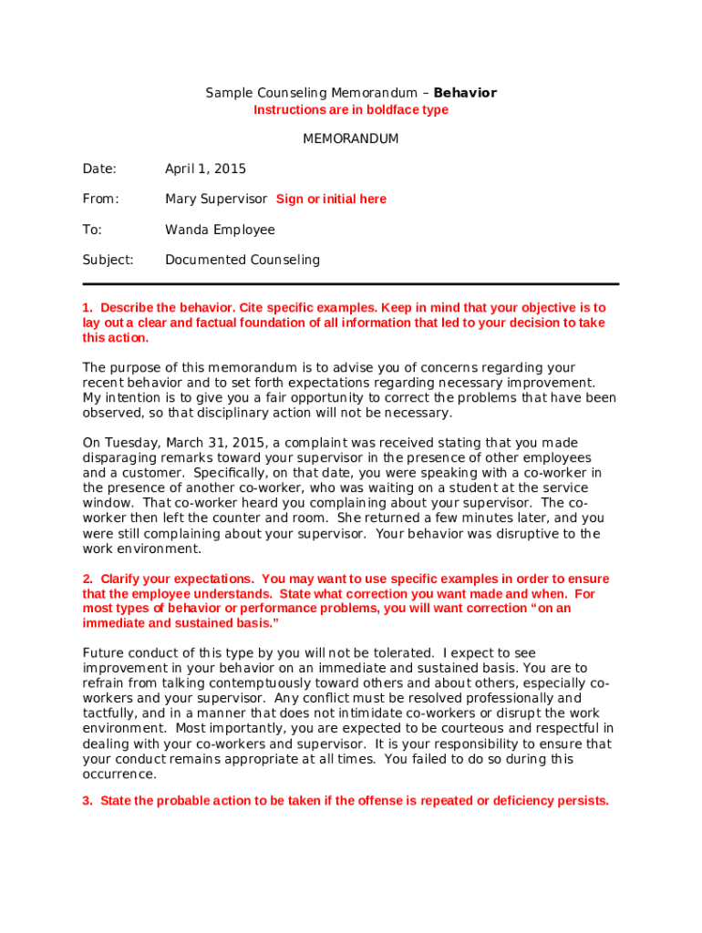SAMPLE COUNSELING MEMORANDUM AP IV1 EXHIBIT A Doc Template pdfFiller