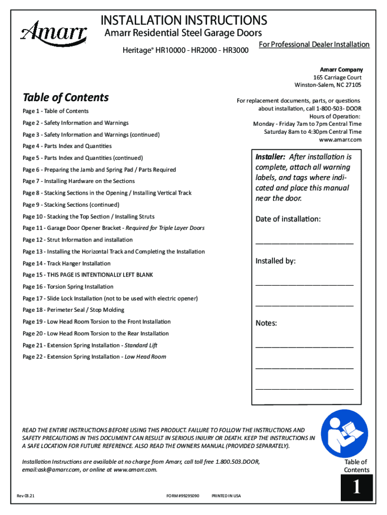 Fillable Online ResidentialSteelGarageDoorInstallationInstructions