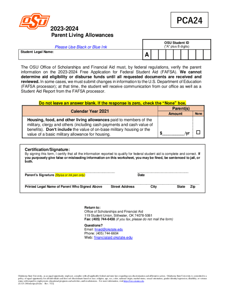 Fillable Online Parent Living Allowances - Oklahoma State University ...
