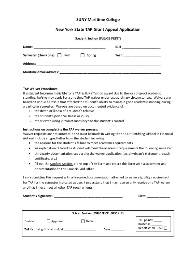 Fillable Online SUNY Maritime College New York State TAP Grant Appeal