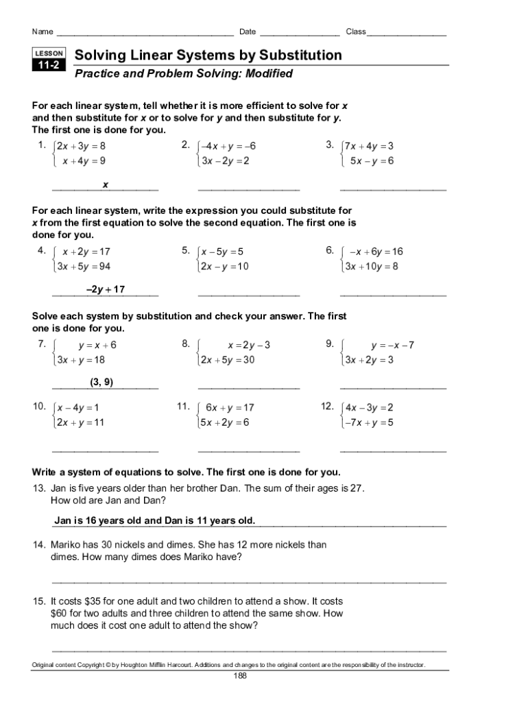 Fillable Online Solving Linear Systems By Substitution Old Khan Fillable Online Solving Linear Systems By Substitution Old Khan