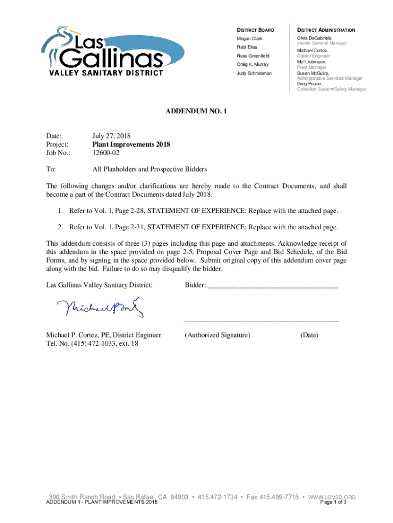 Fillable Online ADDENDUM NO. 1 Date: July 27, 2018 Project: Plant ...