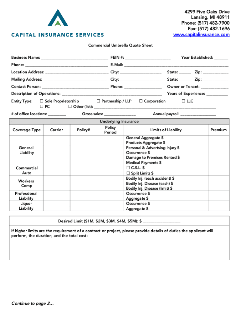 Commercial Umbrella Quote Sheet Preview on Page 1