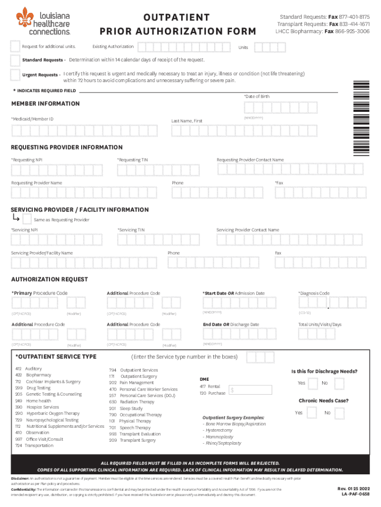 LA-PAF-0658 - Outpatient Prior Authorization Form Outpatient Prior Authorization Form Preview on Page 1