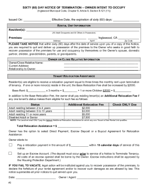 Fillable Online SIXTY (60) DAY NOTICE OF TERMINATION OWNER INTENT TO ...