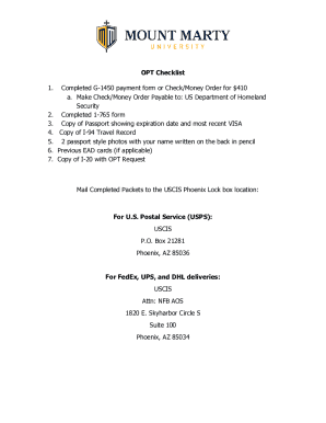 Fillable Online OPT Checklist 1. Completed G-1450 payment form or Check ...