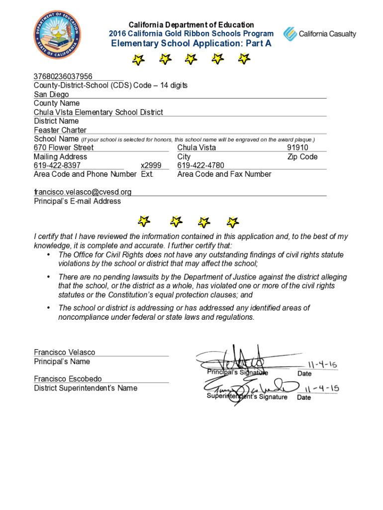 Fillable Online Gold Ribbon Schools Application A and B Email Version
