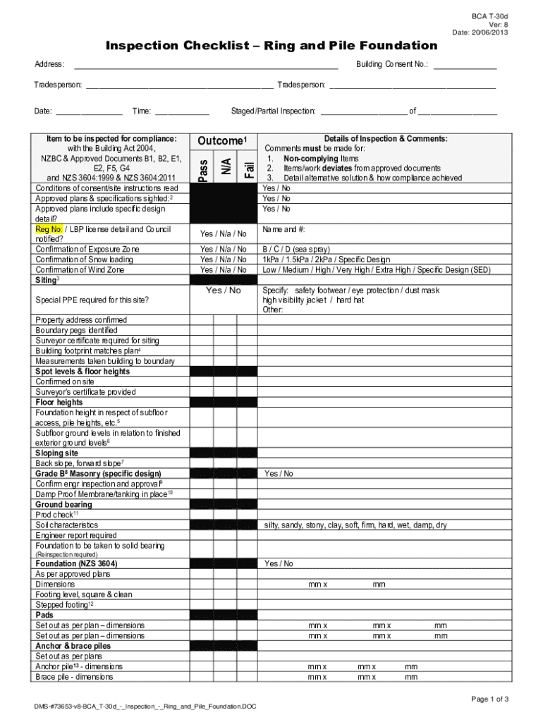 Fillable Online Inspection ChecklistRing and Pile Foundation Fax Email Print pdfFiller
