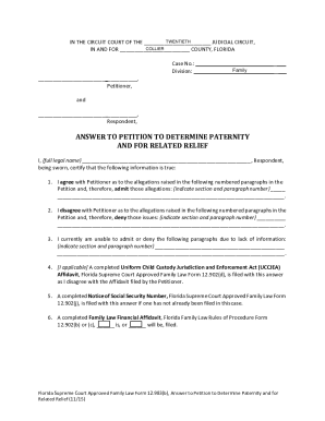 Fillable Online answer to petition to establish paternity and other ...