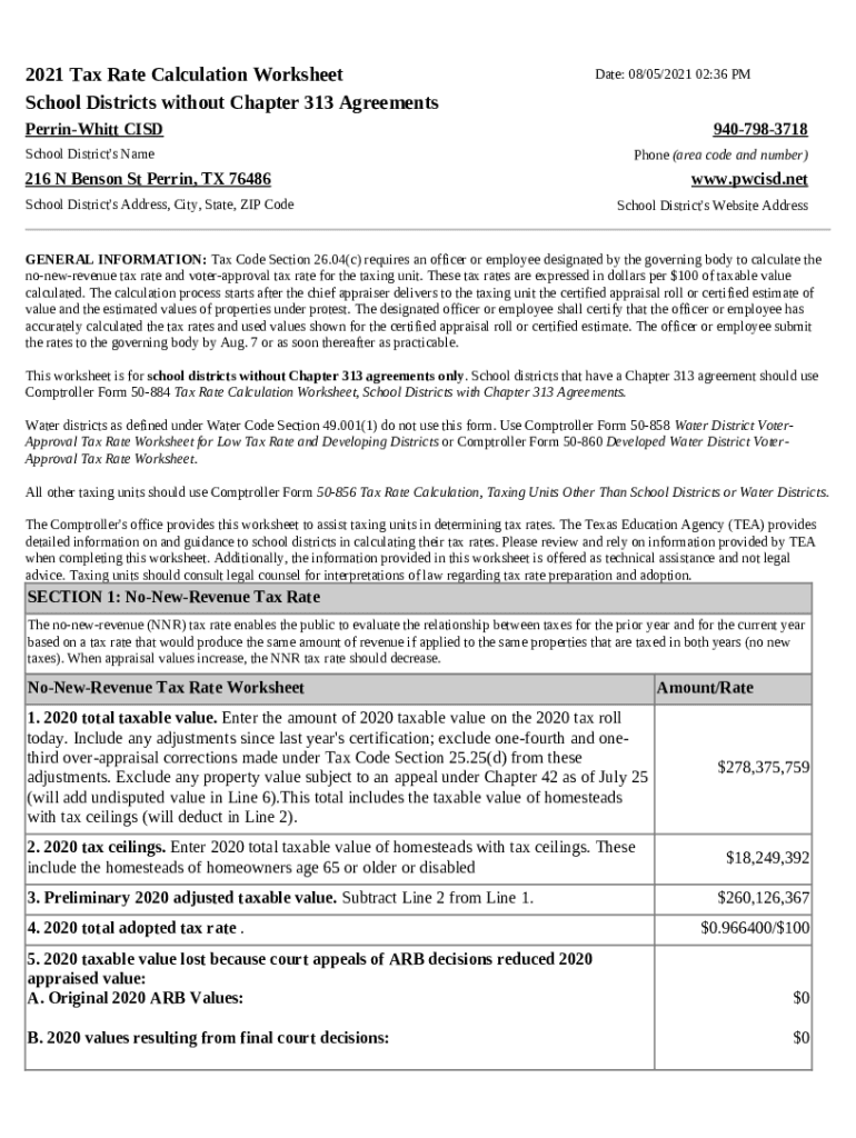 Fillable Online 2021 Tax Rate Calculation Worksheet Palo Pinto County