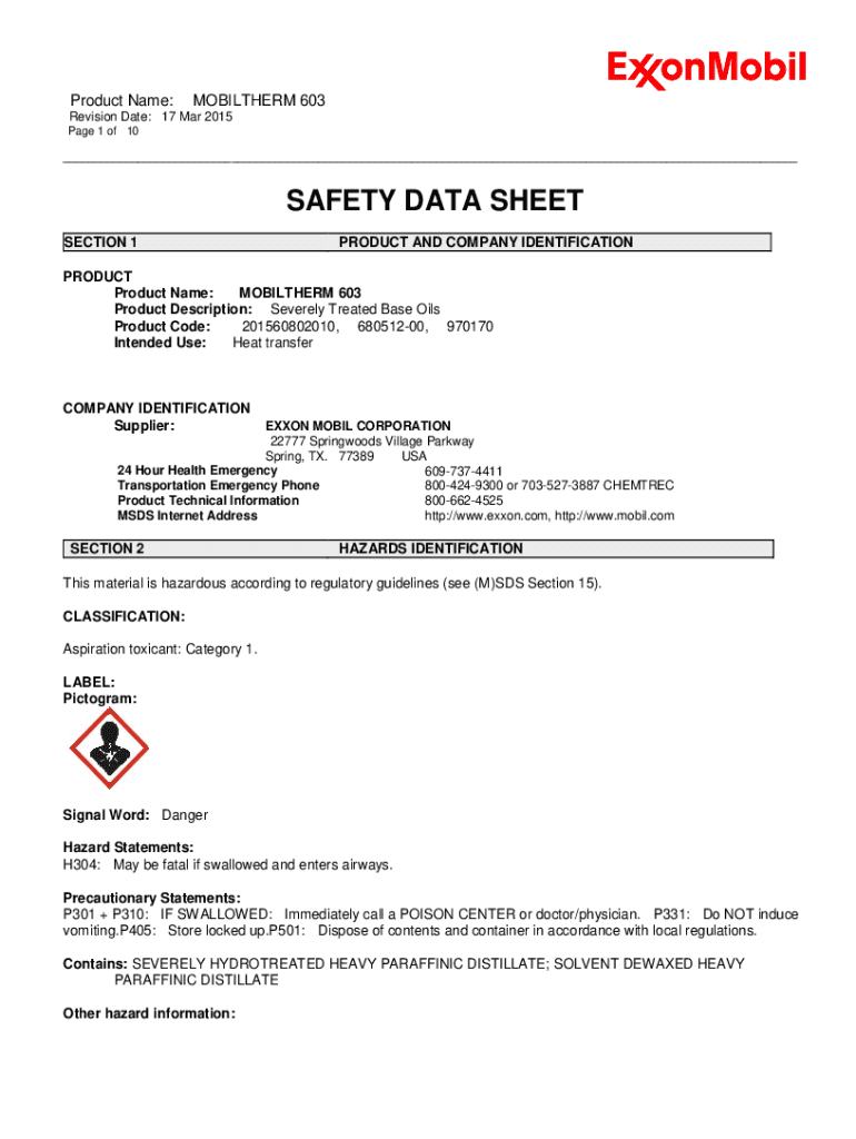 Fillable Online SDS Mobiltherm 603 Safety Data Sheet. View Mobiltherm