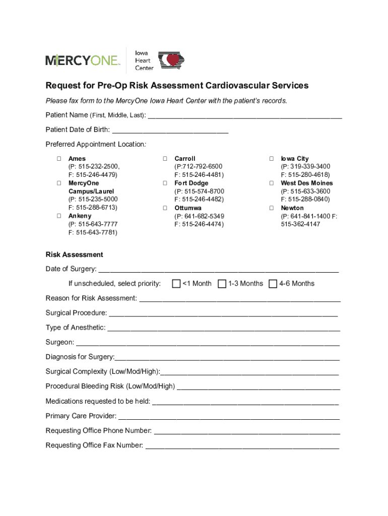 Fillable Online Request for Pre-Op Risk Assessment Cardiovascular ...