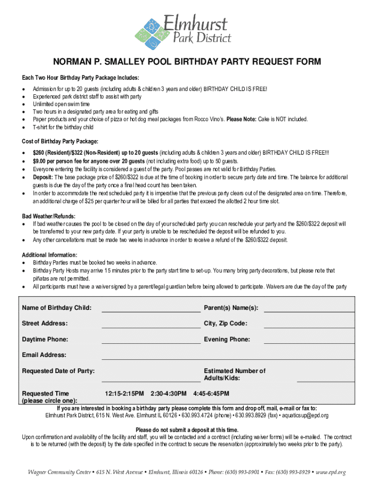 Fillable Online norman p. smalley pool birthday party request form Fax