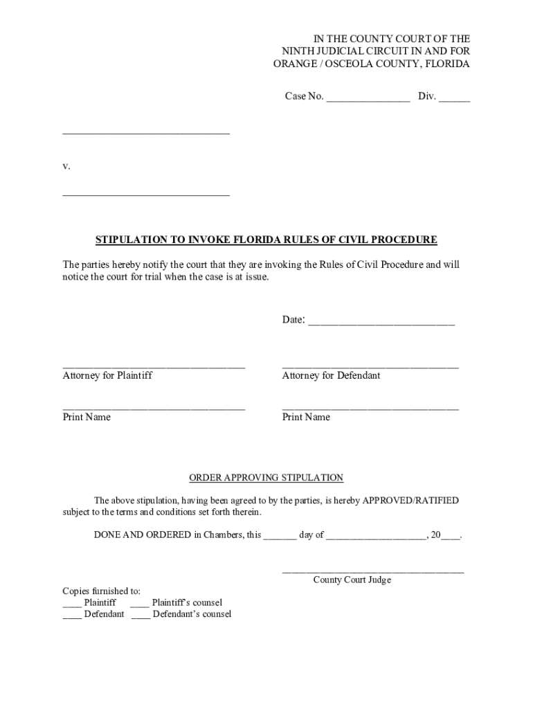 Fillable Online stipulation to invoke florida rules of civil procedure