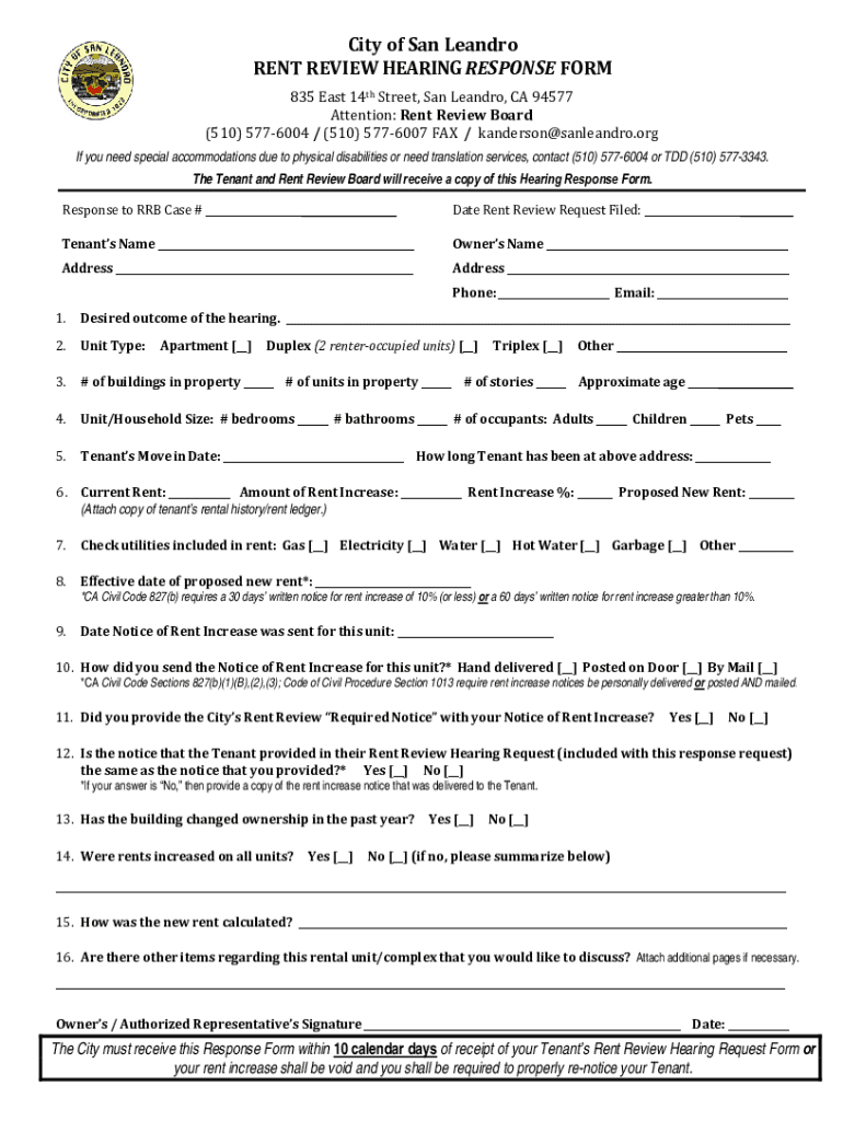 Fillable Online Rent Review Hearing Request Form ... - City of San ...