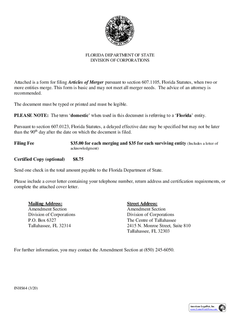 Articles Of Merger (Florida Profit Corporations) INHS64 Preview on Page 1