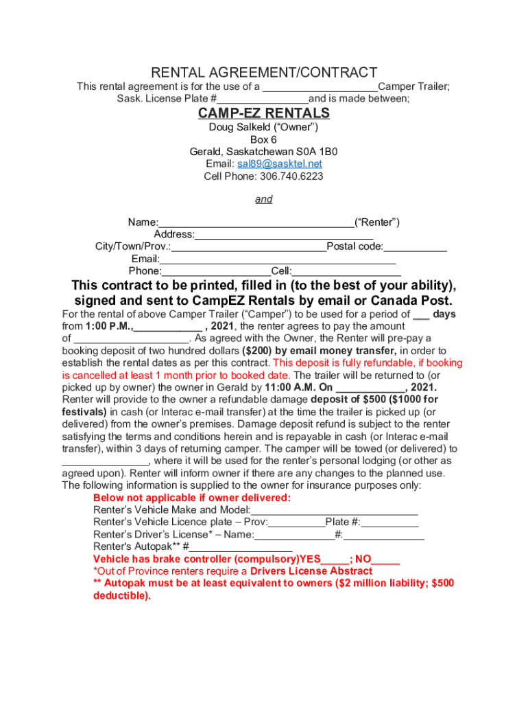 Fillable Online 24 Printable Trailer Rental Contract Forms and ...