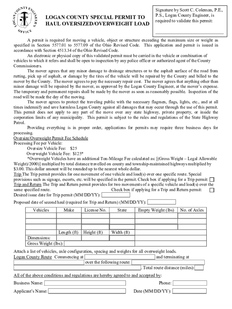 Fillable Online LOGAN COUNTY SPECIAL PERMIT TO HAUL OVERSIZED Fax