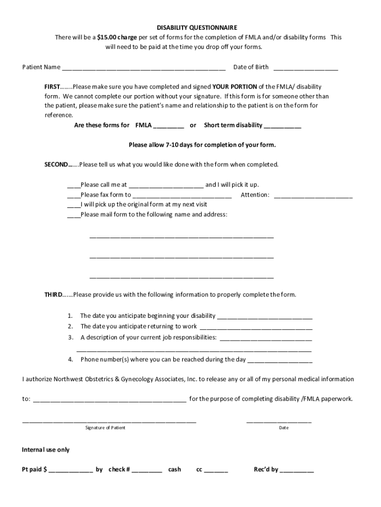 Fillable Online DISABILITY QUESTIONNAIRE There will be a $15.00 charge ...