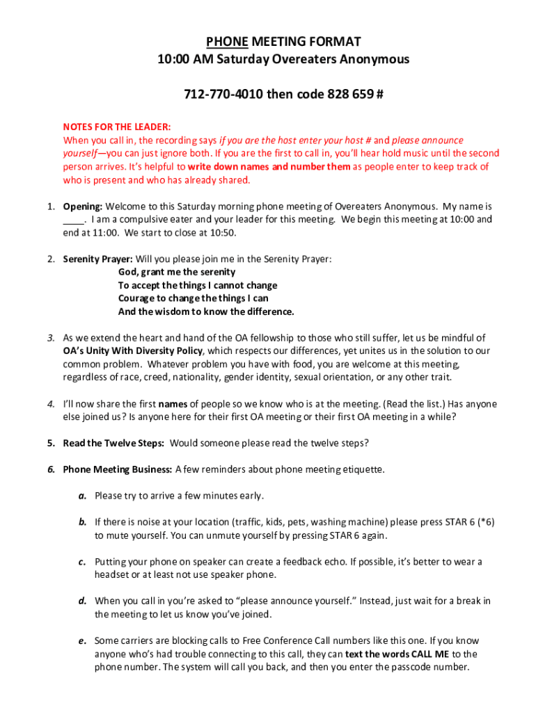 Fillable Online 10:00 AM Saturday Overeaters Anonymous Fax Email Print ...