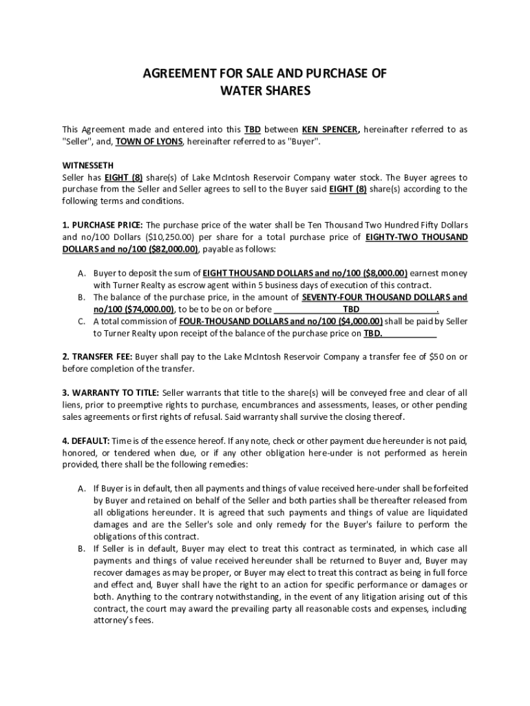Fillable Online AGREEMENT FOR SALE AND PURCHASE OF WATER SHARES Fax